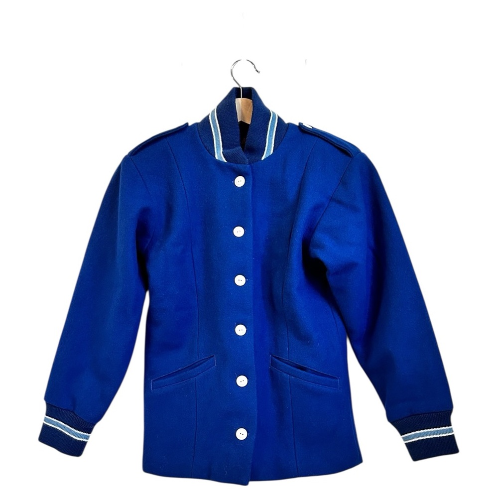 Vintage Bulldog Coat Boy Medium Cobalt Blue White Wool Cotton Snap Band Football
